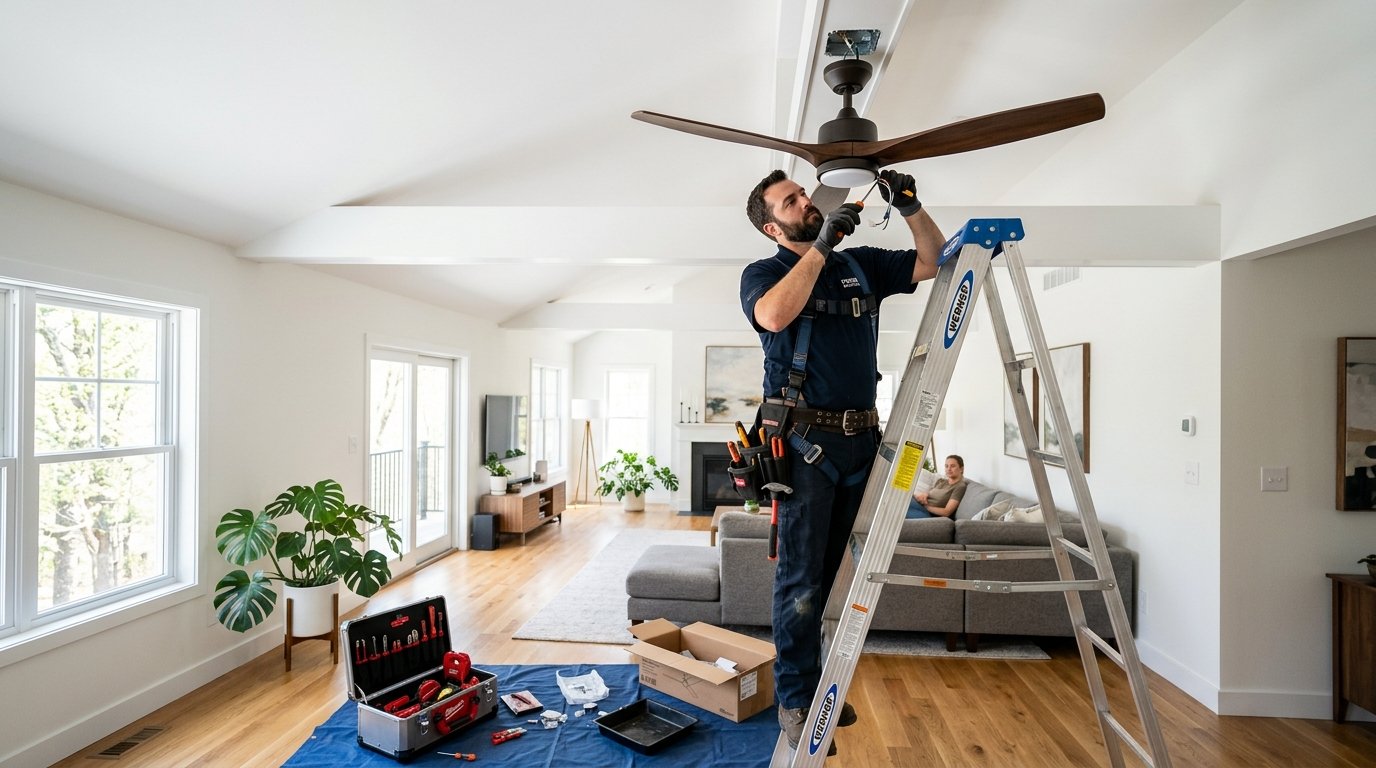Ceiling Fan Installation in Huntsville, AL - Electrician Mounting Fan On High Ceiling